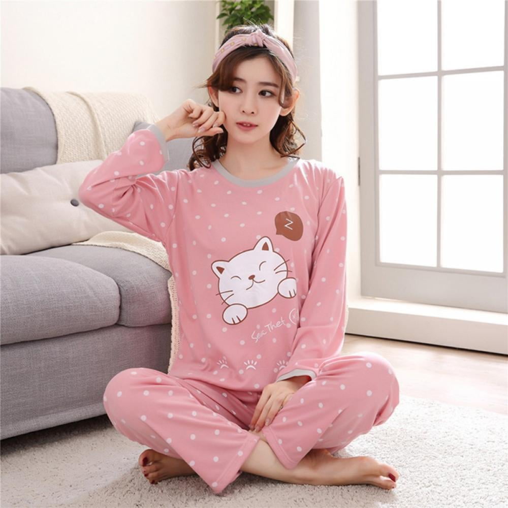 Girls Long Sleeve Sleepwears Cute Sleepy Cat Polka Dots Pajamas ...