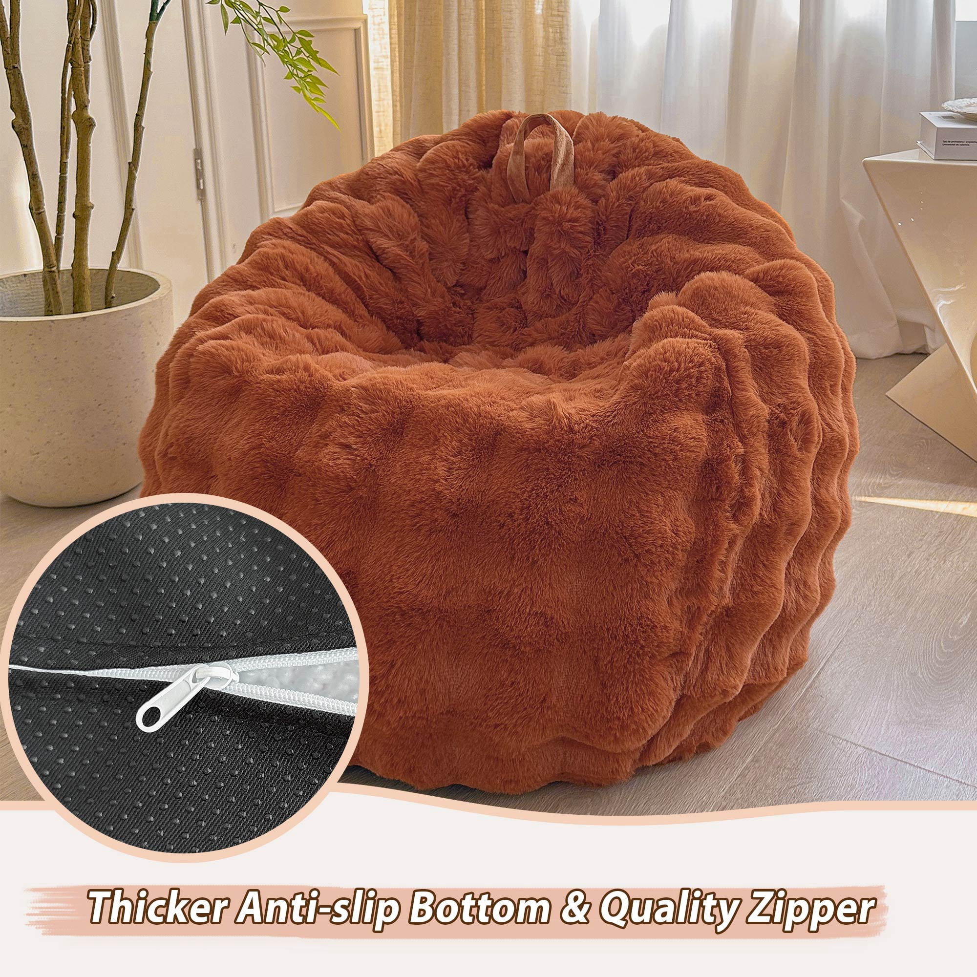 LIFEREVO Kids Fluffy Faux Rabbit Fur Bean Bag Cover (No Filler), Soft Cozy Fuzzy Stuffed Animal Storage Bubble Bean Bag for Plush Toys, Cute Shaggy Furry Beanbag Cover Girls Adults, Burnt Orange