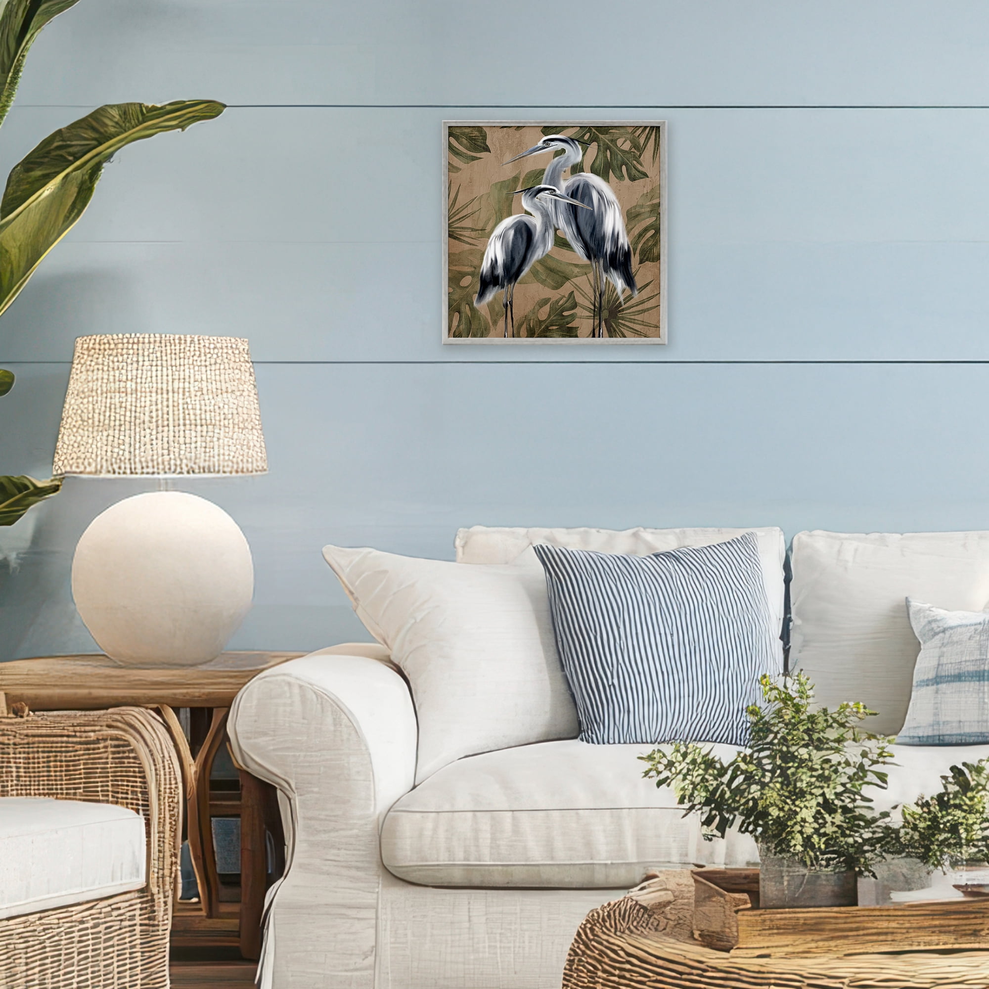 Stupell Industries Two Herons over Tropical Leaves Gray Framed Giclee Art, design by Kim Allen