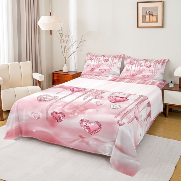 Castle Fairy Pink Love Heart Twin Sheet Sets for Boys Girls,Bling Crystal Bedding