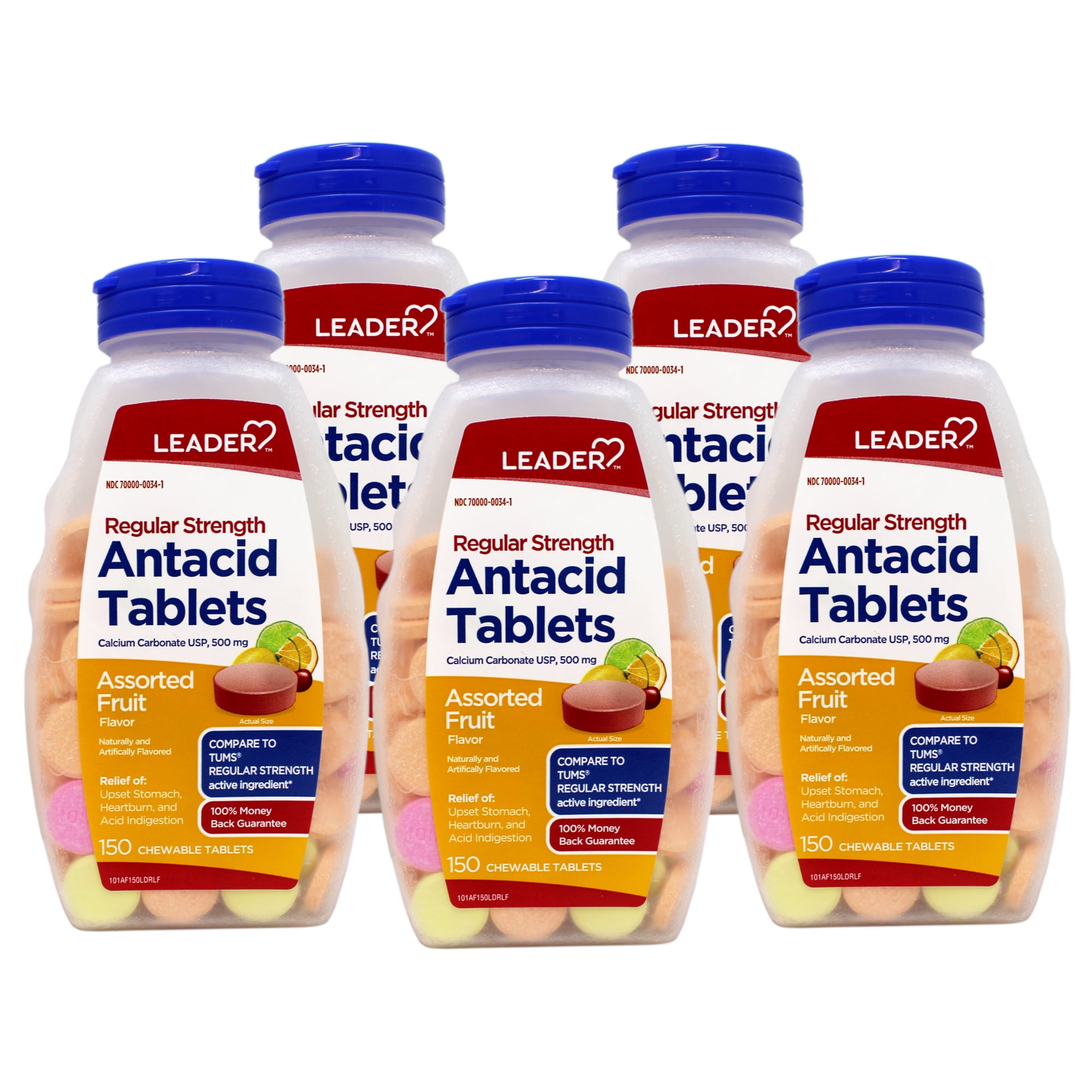 5 Pack - Leader Regular Strength Chewable Antacid Tablets for Heartburn Relief and Acid Indigestion Relief, Calcium Carbonate 500mg, Assorted Fruit, 150 Count