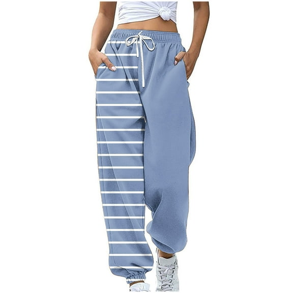 Bcresic Women's Striped Sweatpants with Pockets Trendy Drawstring Joggers Pants Casual Cinch Bottom Loose Athletic Fit Yoga Workout Lightweight Trouser,Light Blue,Small