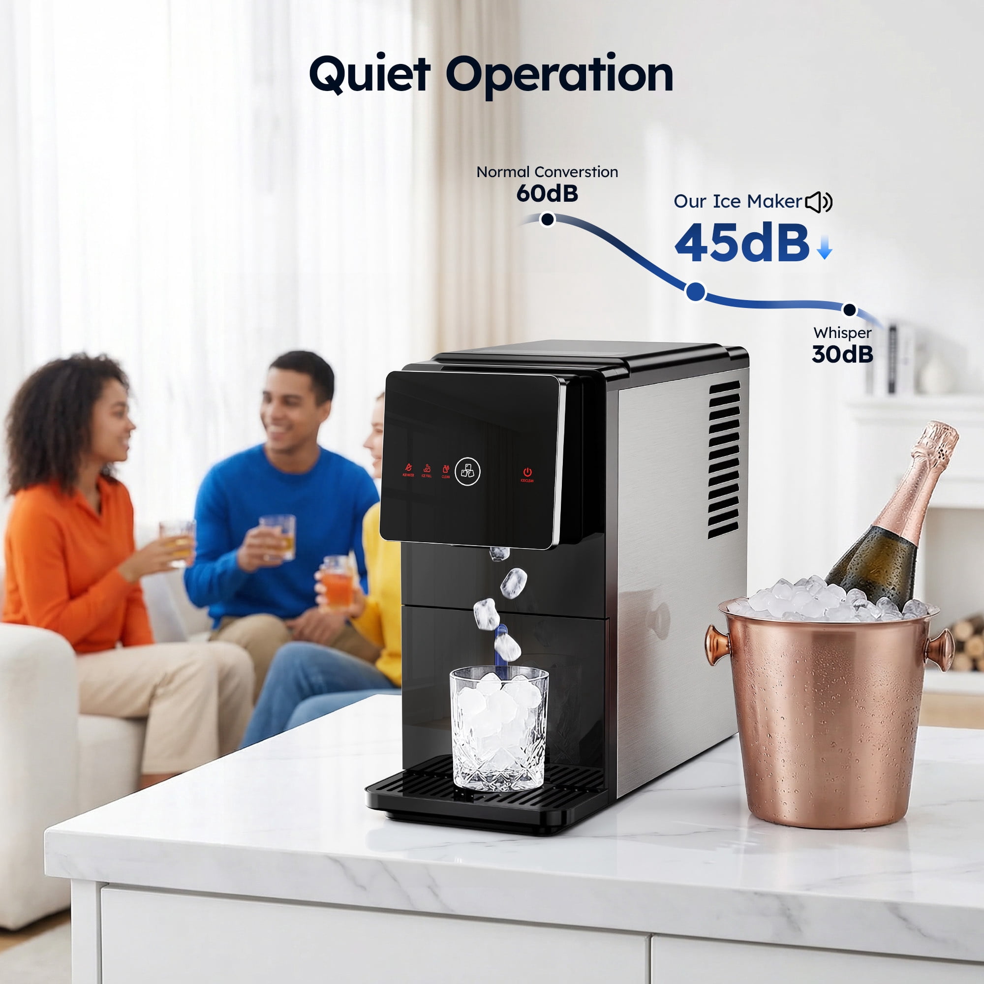 Simzlife Countertop Nugget Ice Maker - 33lbs/24h Chewable Sonic Pellet Ice Machine, 1.8L Removable Tank, Auto Self-Cleaning & Smart Measured Dispensing for Home, Office, Party