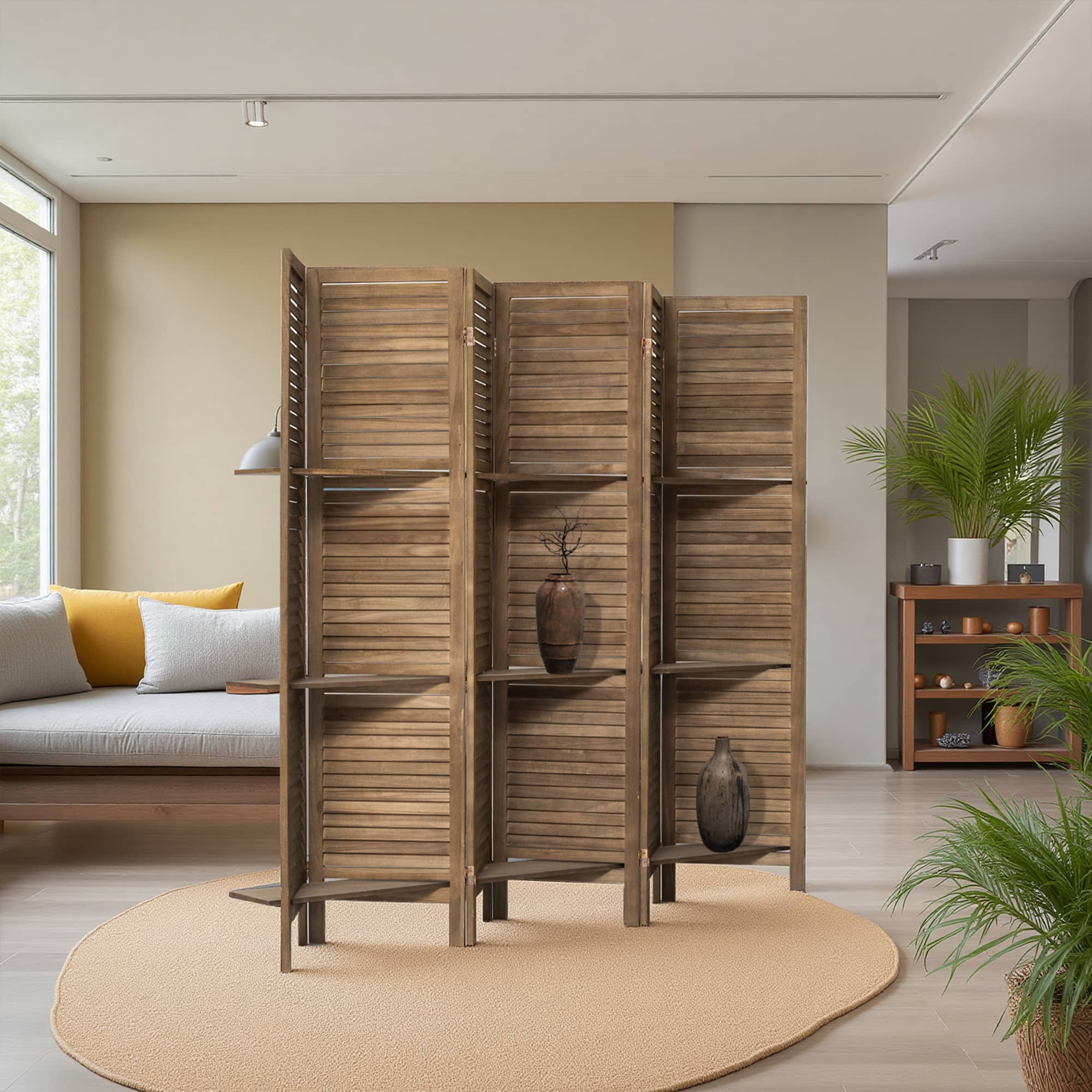 MAYEERTY 6 Panel Freestanding Room Divider, 5.6Ft Wood Privacy Screen with Shelves, Dark Brown