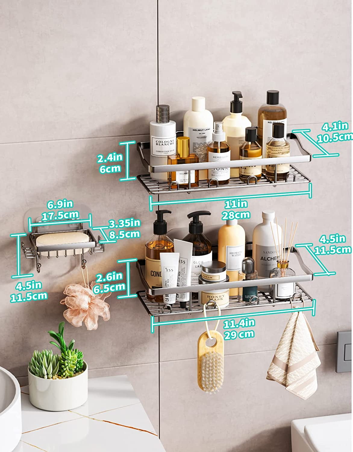 HapiRm Adhesive Shower Caddy Shower Organizer Shelf Build in Shampoo  Holder, No Drilling Rust Proof Stainless Steel Shower Storage Rack with 11  Hooks for Hanging Shower Ball and Razor 