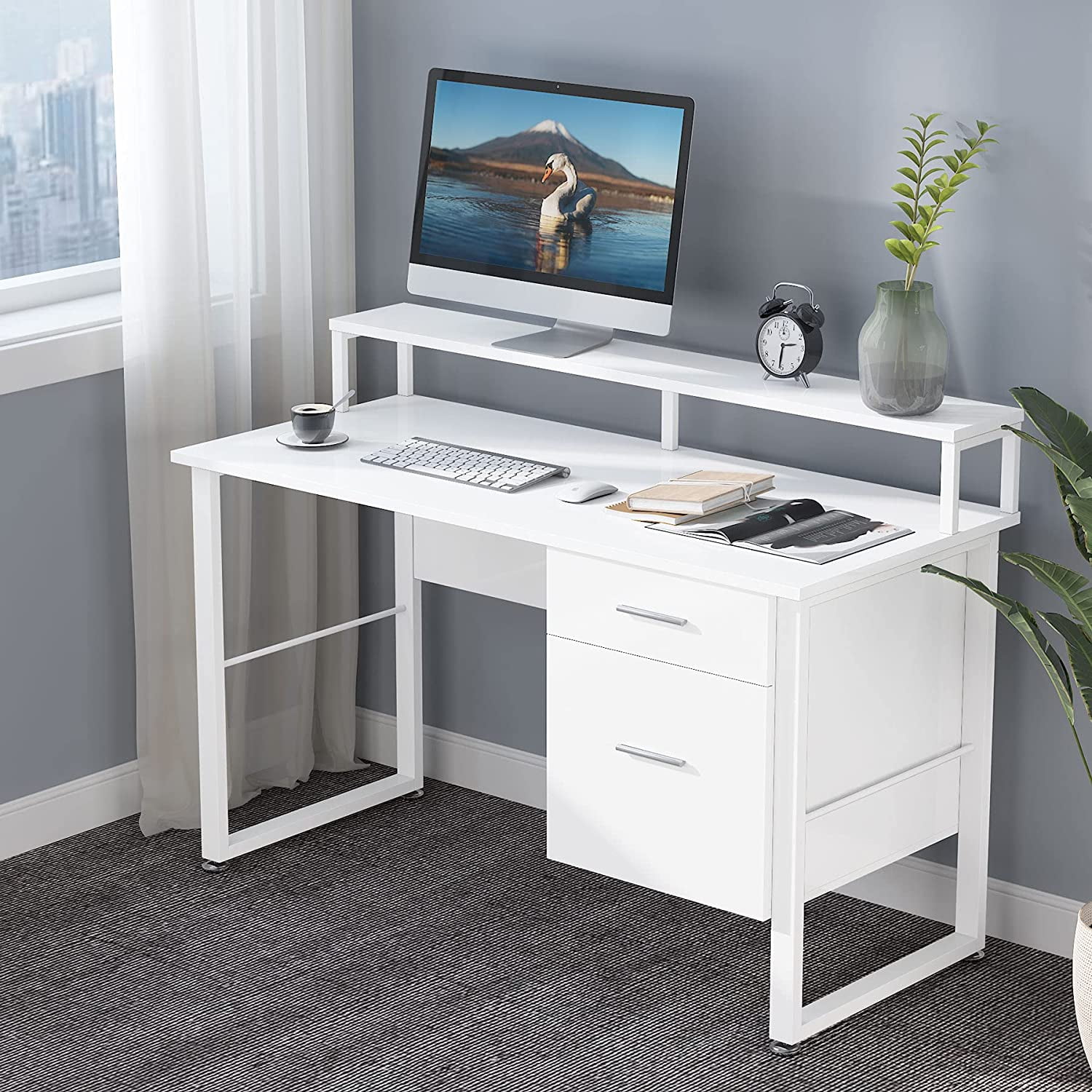 Details about   Computer Desk w/Drawers PC Laptop Table Bookshelf Study Workstation Home Office 