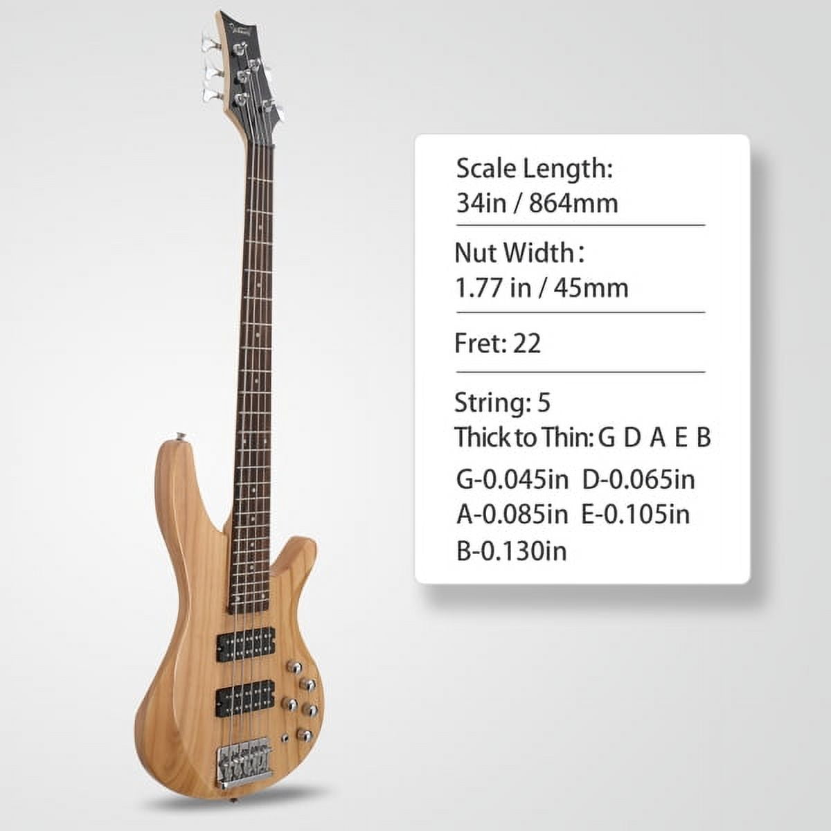 44 Inch GIB 5 String H-H Pickup Laurel Wood Fingerboard Electric Bass Guitar with Bag and other Accessories Burlywood
