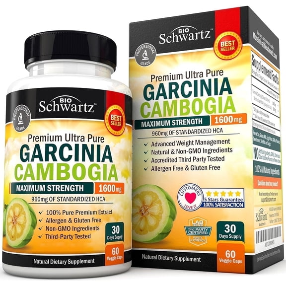BioSchwartz Garcinia Cambogia 1600mg Weight Management Capsules with 960mg HCA, 60 Count