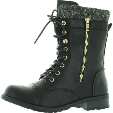 

Forever Link Womens Mango-31 Round Toe Military Lace up Knitted Ankle Cuff Low Heel Combat Boots Black 7