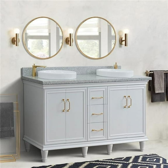61 in. Double Round Sink Vanity with Granite Top, White & Gray