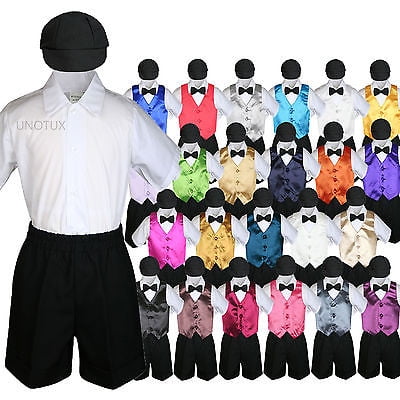 

Boys Toddler Formal Vest Shorts Suits Satin Vest Black Bow Tie Hat 5pc Set S-4T
