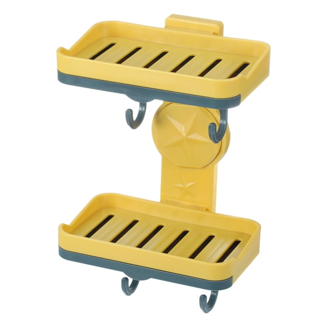 jabonera, jabonera montada en la pared, jabonera para baño, cocina, amarillo repisa doble montable con ganchos — jabonera plástica amarilla con dos bandejas rectangulares ventiladas (ranuras de drenaje), base gris, soporte central con relieve de estrella y cuatro ganchos para esponjas, afeitadoras o toallas; apta para ducha, lavabo o encimera; tamaño aprox. 13x10x21 cm; a menudo usada también para organizar artículos de tocador pequeños.