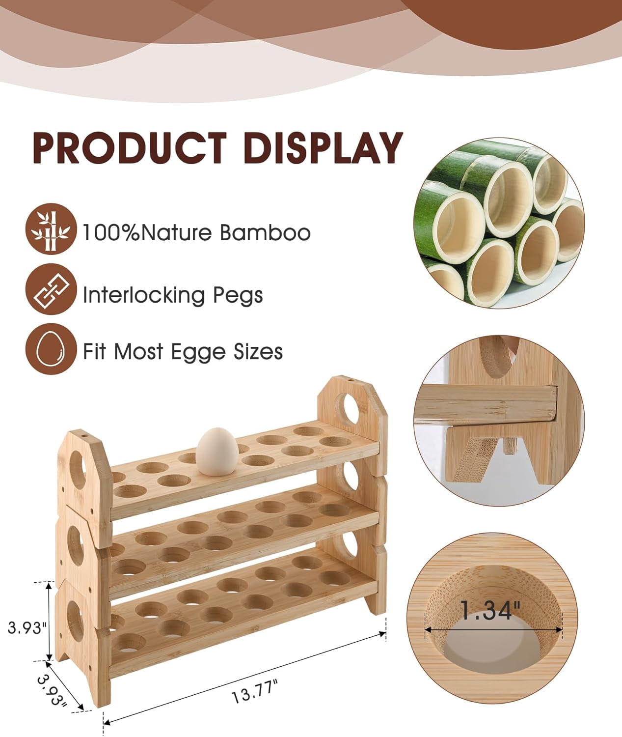 Bamboo Egg Holder Countertop with Silicone Cleaner, 2-Tier for 24 Eggs, Stackable Design Fresh Farmhouse Tray Storage Display Rack，Fits Quail, Duck, Chicken Eggs