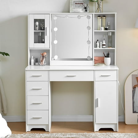 Caulitar Vanity Table with Glass Cabinets, Drawers and Shelves, Makeup Table with 3 Lights Mode Led Mirror for Bedroom, White