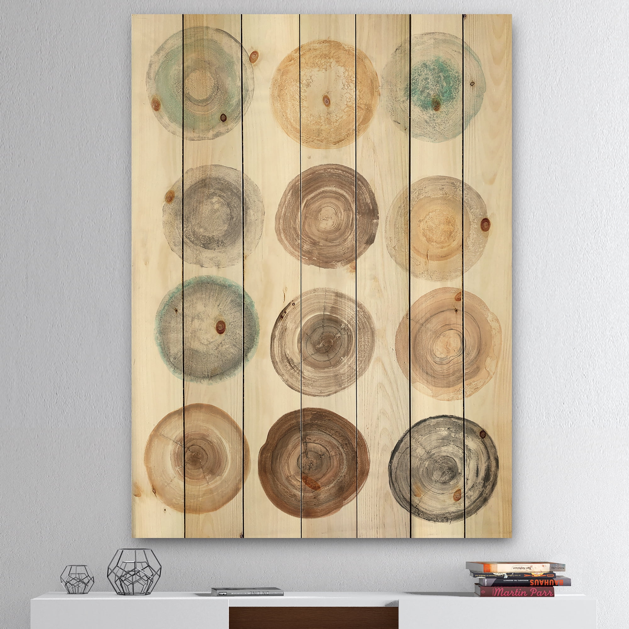 Designart 'Geometric Cream Circles ' Modern & Contemporary Print on Natural Pine Wood