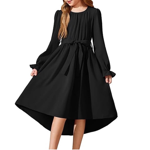 Vestido Largo de Manga Larga de Moda Y Cómodo Color Sólido con Cinturón para las Niñas, Falda Plisada para el Vestido de Cumpleaños para las Niñas