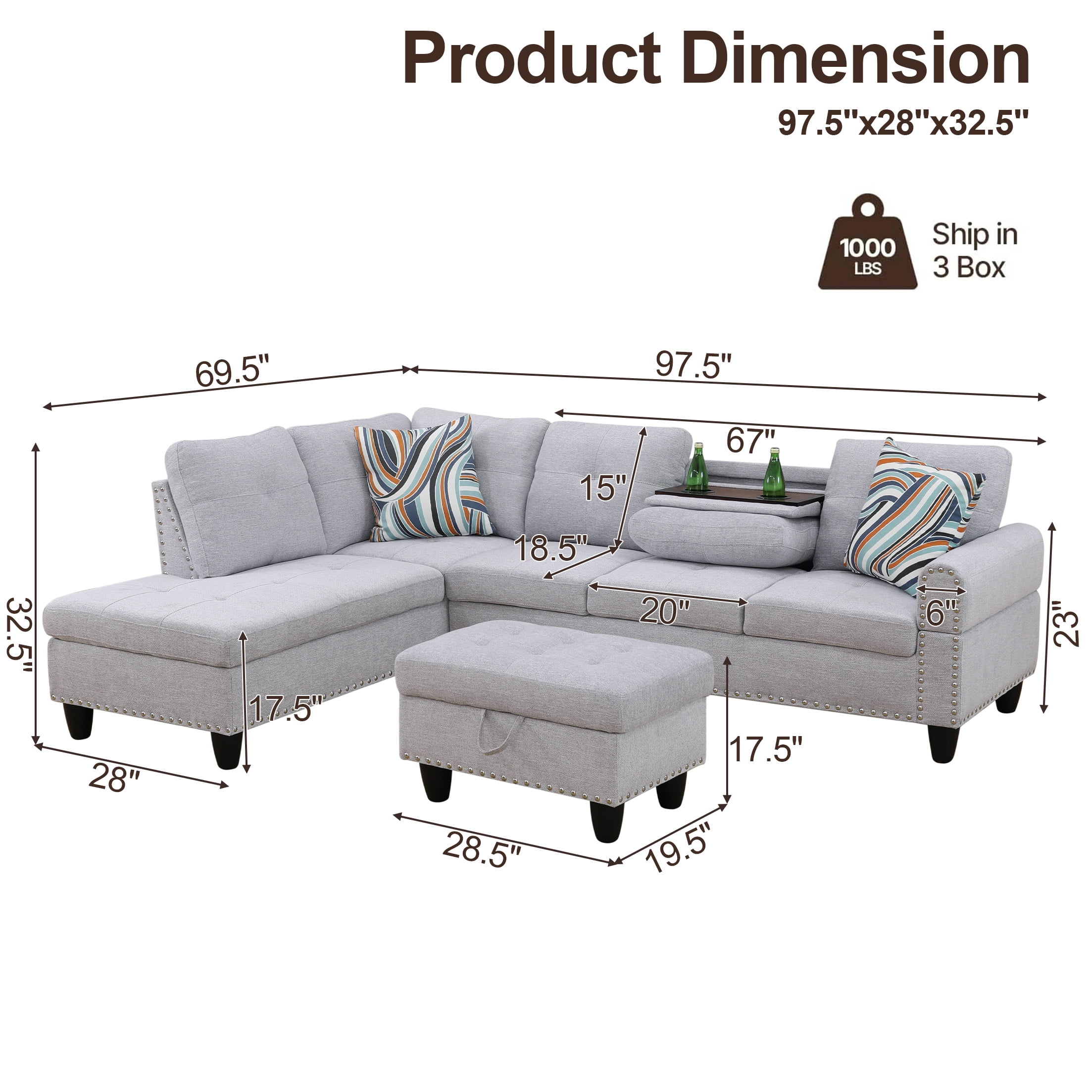 AENKYO 98" L-Shaped Sectional Sofa with Reversible Chaise, Storage Ottoman & Cup Holders, Flannel, Light Gray