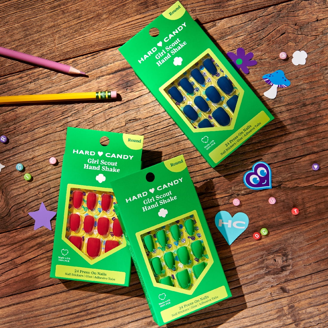 Hard Candy x Girl Scout Hand Shake Press On Nails + Sticker Kit, Gel-like Shine, Green