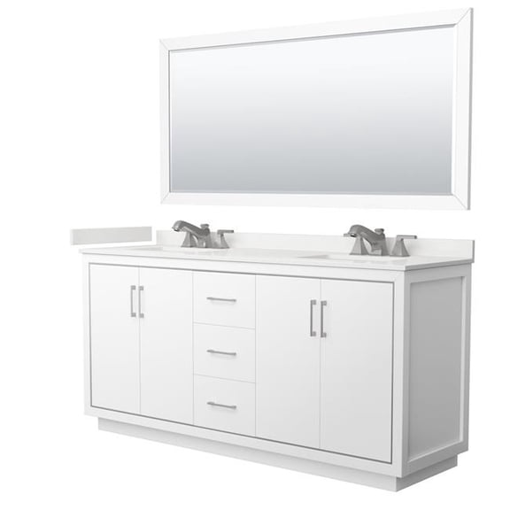 Icon WCF111172DWHWQUS3M70 72 in. Double Bathroom Vanity in White with White Quartz Countertop Undermount Square Sinks 3-Hole & Brushed Nickel Trim - 70 in. Mirror
