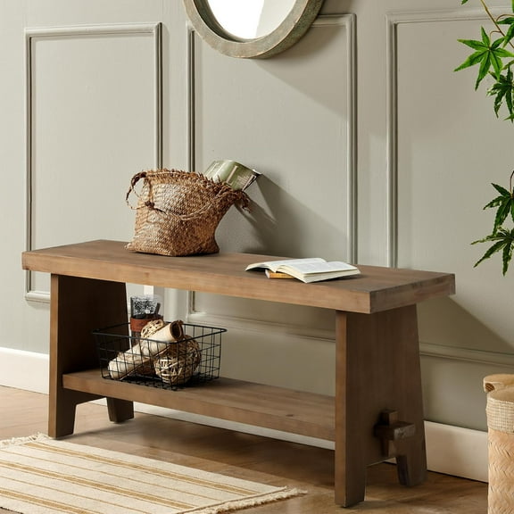 Solid Wood Entryway - 43.3" Farmhouse Long Storage , Rustic Narrow Seat for Indoor, Entryway, Dining Room, Living Room and Hallway, Brown