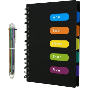 Naler Spiral Notebook, 5 Subject College Ruled A5 Notebook with 5 Colored Tabs and 6-in-1 Pen,Black