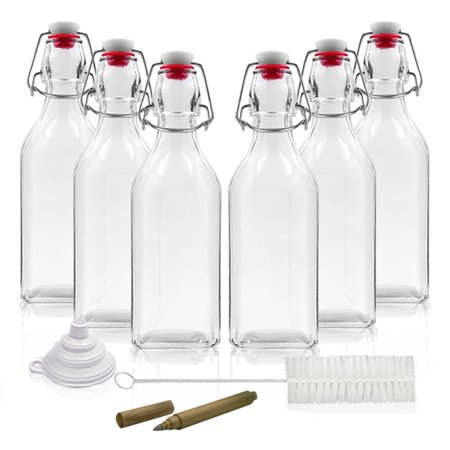 

Nevlers Set of 6 - 8.5 oz. Square Glass Bottles | Swing Top Stoppers + Brush + Funnel + Marker | Clear Glass Water Bottle