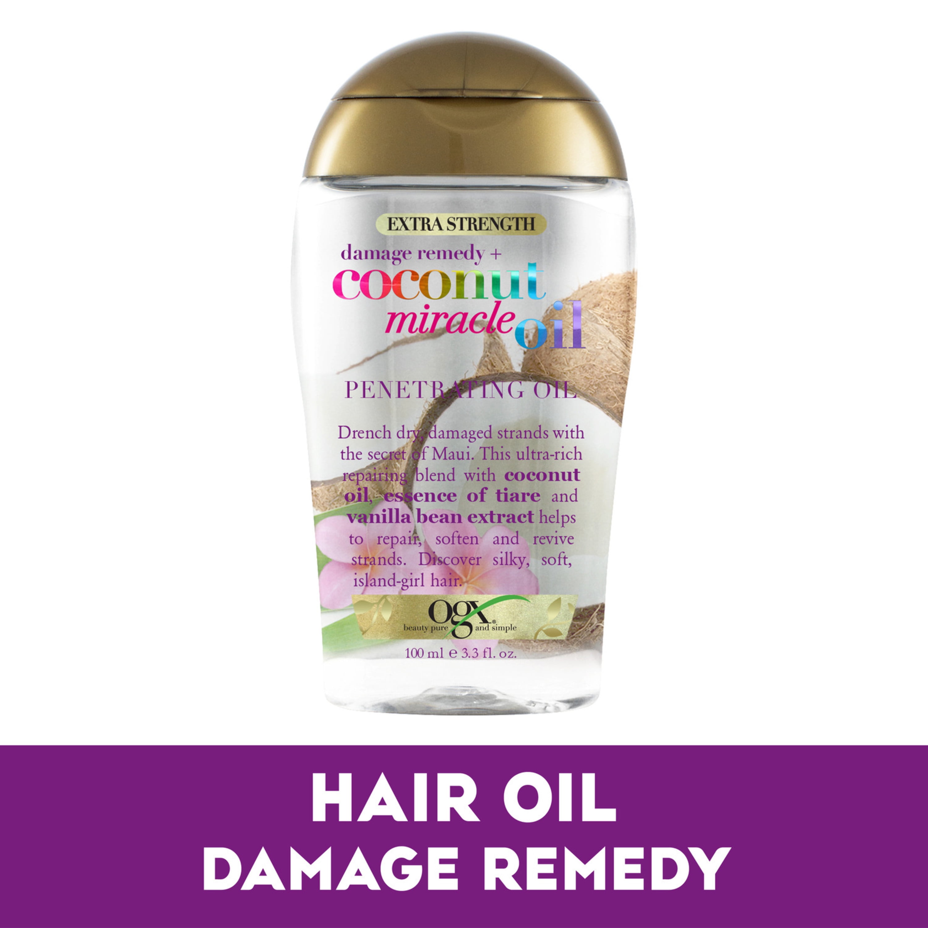 OGX Extra Strength Damage Remedy + Coconut Miracle Oil Penetrating Hair Oil Treatment, Hydrating Frizz Control for Coarse, Dry Hair, 3.3 oz