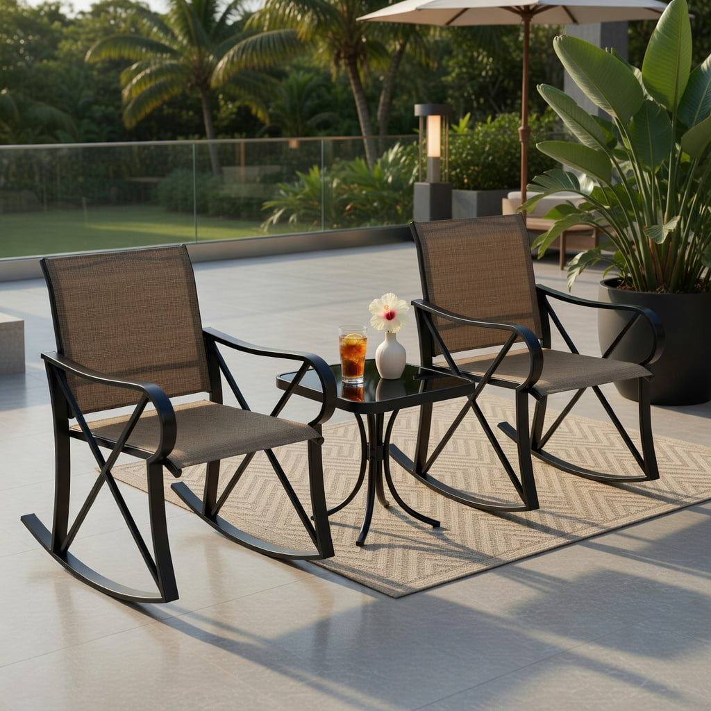 Hommoo 3-Piece Outdoor Rocking Patio Set, Metal Rocker Chairs with Tempered Glass Side Table, Ideal for Backyard, Porch & Balcony, Brown