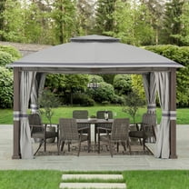 Sunjoy 11 x 13 ft. Gazebo with 2-Tier Gray Canopy Roof, Outdoor Steel Frame Soft Top Gazebo with Netting and Curtains