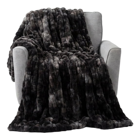 Lavish Home 60x80 Ruched Jacquard Faux Fur Blanket for Sofa and Bed, Black