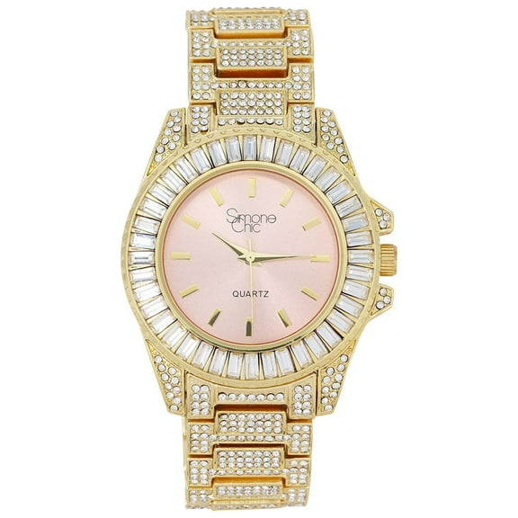 Women's Baguette Cut Diamond Crystal Bling'ed Out Watch - Drop it Down with This Ice on Your Wrist Ladies!! Kakuna Matata!! - ST10372MLA Metal Gold Blush