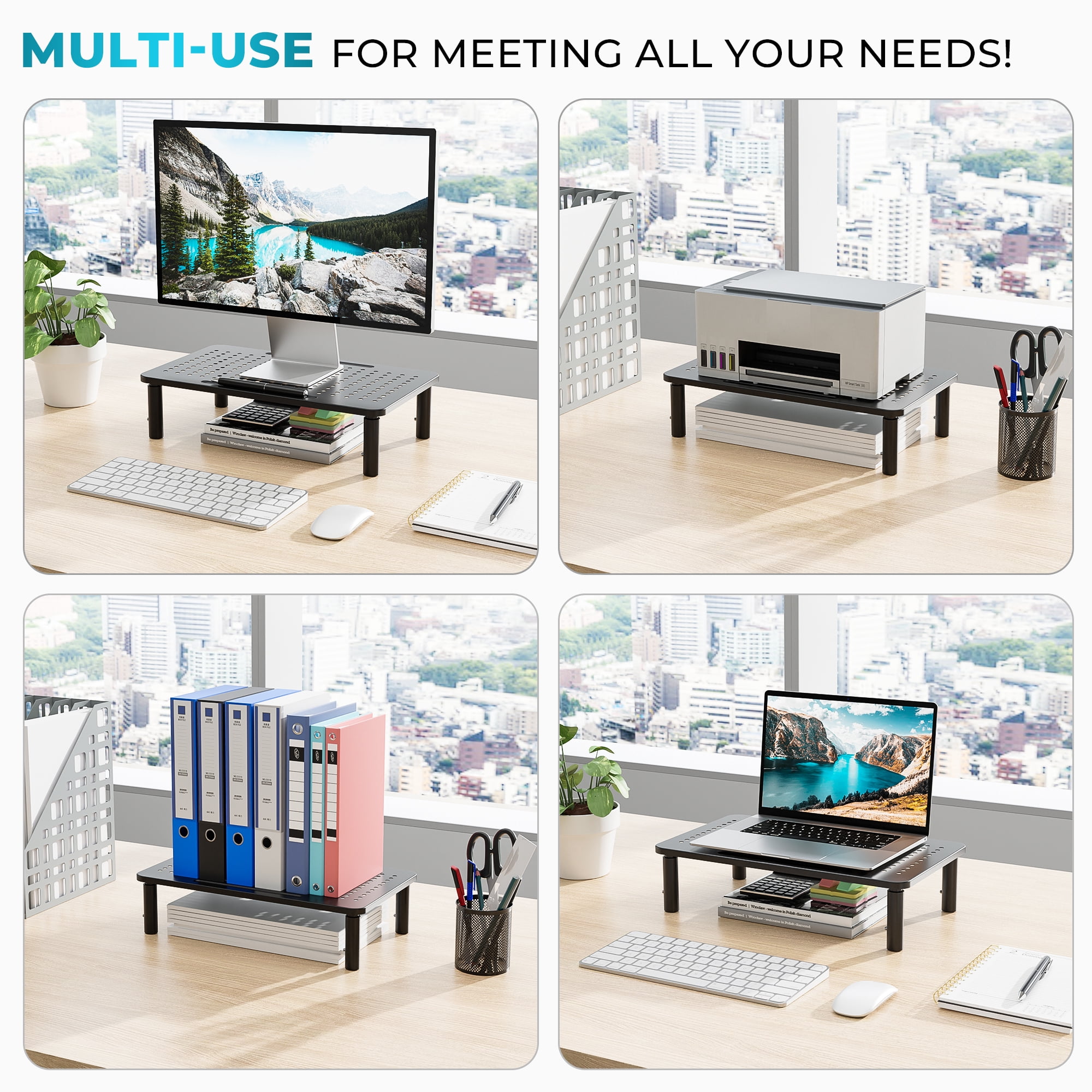 BONTEC Monitor Stand 2 Pack Height Adjustable Metal Riser with Pen Holder, Black, 14.5” x 9.1”, Ergonomic Desktop Stand for Computer, Printer, Laptop, Adjustable Desk Riser with Cable Management