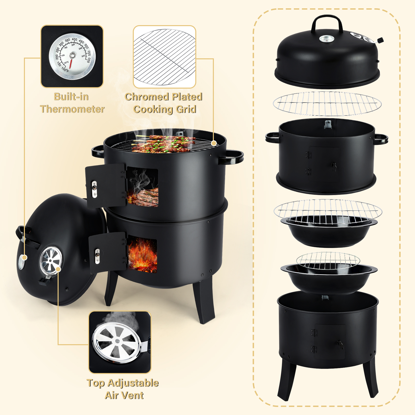 TCFUNDY Portable Charcoal Smoker Grills, 3-in-1 Outdoor BBQ Grill Smoker Cooking, Two-Layer Barbecue Grill Steel Meat Smoker