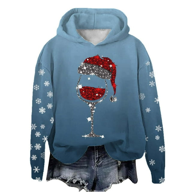 WEAIXIMIUNG Chandails en Molleton d'Automne Graphiques pour Femmes Automne et Hiver Noël Rouge Verre Imprimé Col Rond Manches Longues Chandail à Capuchon Sport Décontracté (1)