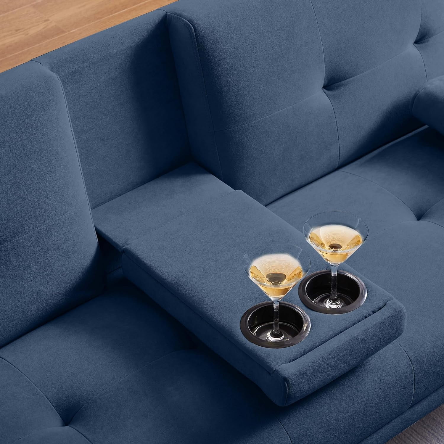 VFD Futon Sofa Bed Modern Folding Futon Set Convertible Recliner Lounge for Living Room with 2 Cup Holders, Removable Armrests (Velvet, Deep Blue)