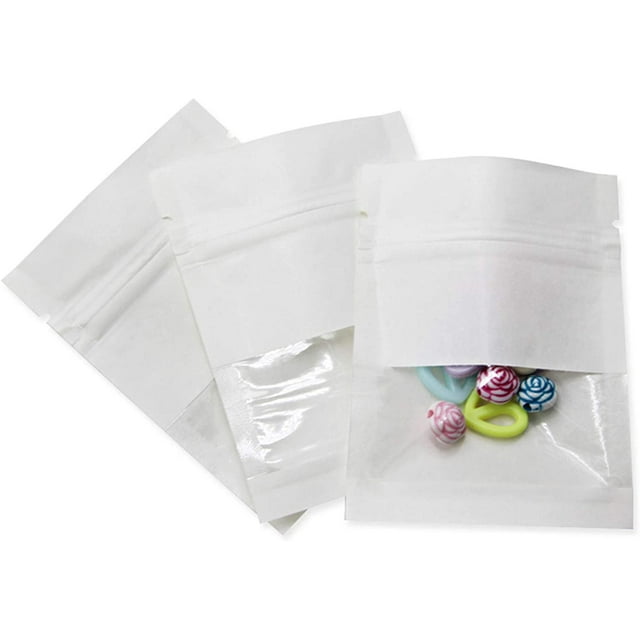 MITOB Pack 100Pcs Kraft Paper Window Bags for Zip Food Storage Lock Coffee Packing Bags Zipper Lock Cookies Coffee Beans Storage Bags (White, 9x13cm (3.5x5.1 inch))