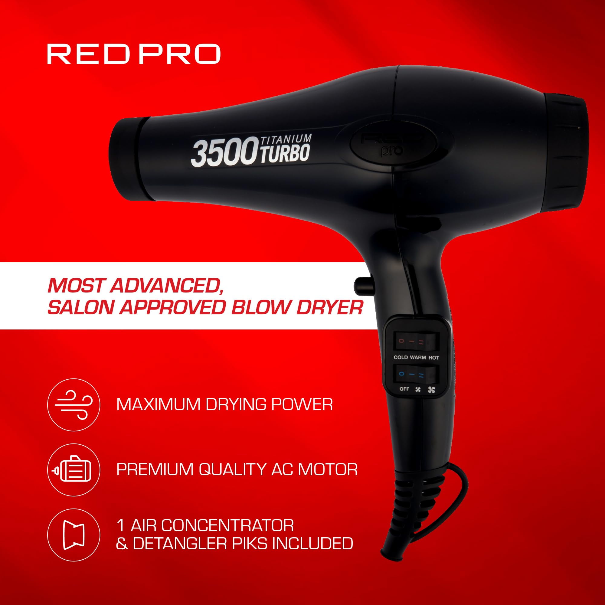RED Pro Hair Dryer 3500W Turbo Titanium Blow Dryer with Detangler Comb, Fast Dry Smooth Hair, 3 Heat / 2 Speed Setting, Cool Shoot Button, Professional Salon Dryer