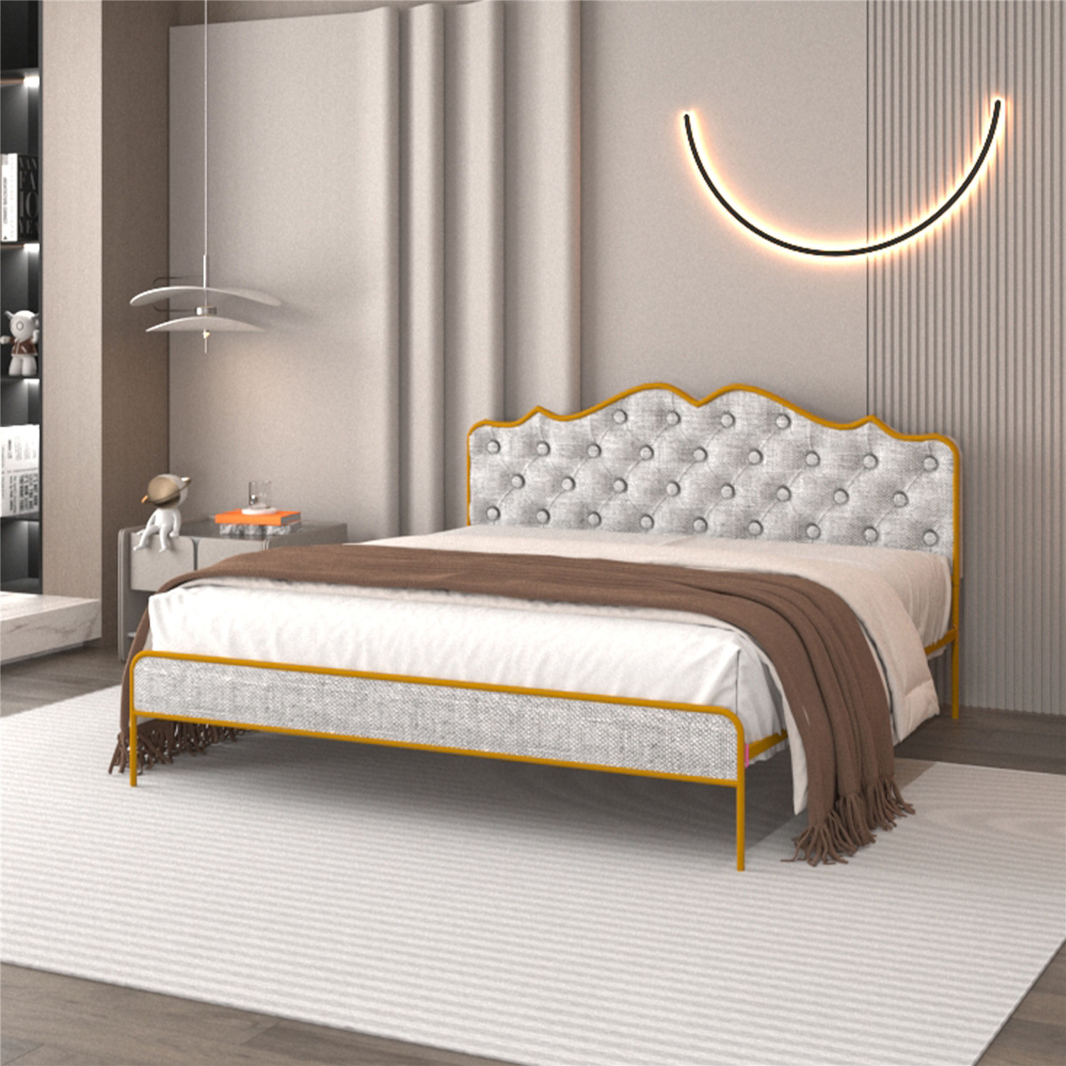 Full Size Elegant Metal Platform Bed Frame Vintage Style Upholstered Headboard Bed Frame