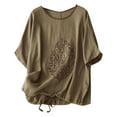 thumbnail image 2 of WXLWZYWL Womens Summer Tops Plus Size Clearance Short Sleeve Crew Neck Drawstring Hem Tree Branches Embroidery T-Shirt Cotton Linen Tops Blouse Casual Loose Shirts, 2 of 6