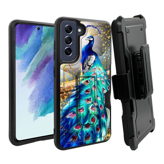 ANJ  Rugged Dual Layer Hybrid Holster Kickstand Case w/ Card Slot   Tempered Glass Cover for Samsung Galaxy S21 FE 5G - Blue Peacock