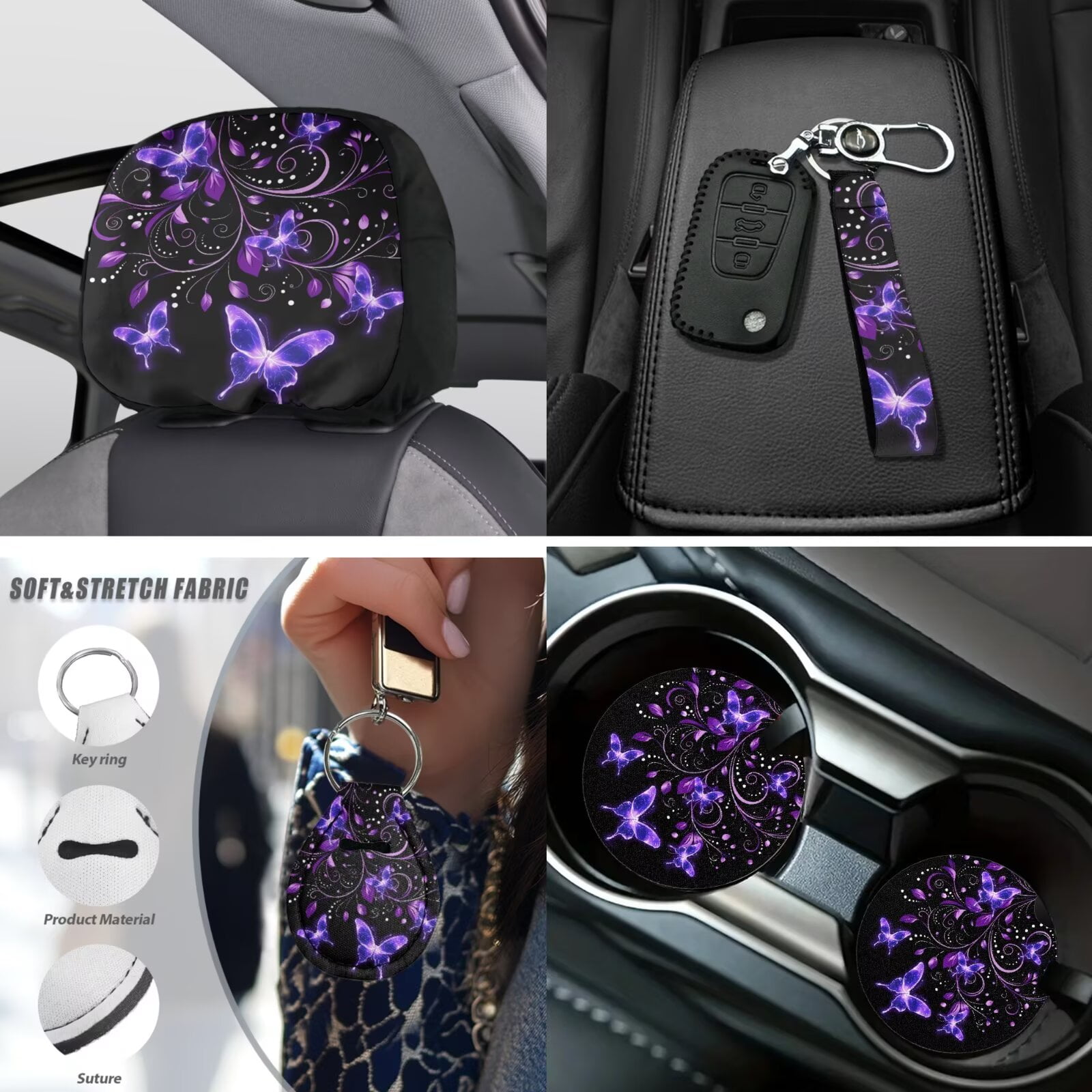 Uorisanigo Purple Butterfly 18pcs Car Seat Covers Full Set with Shoulder Strap Protector Middle Console Cover Steering Cover Headrest Protector Shift Knob Handbrake Covers Coasters Key Chains