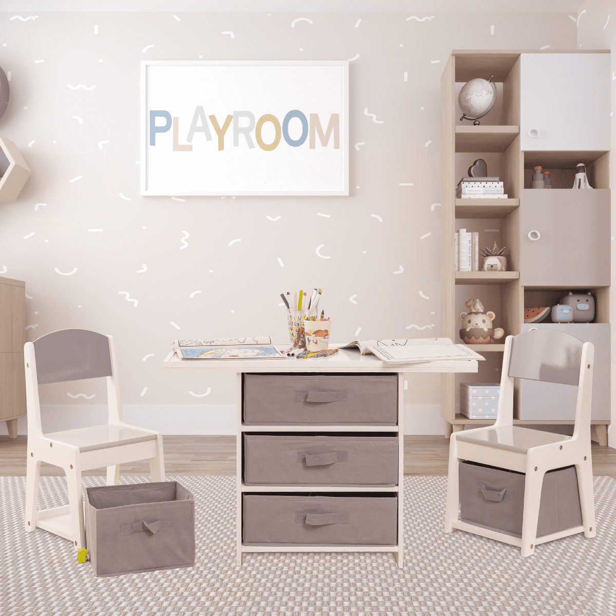 Milliard Kids 3-in-1 Play Table and Chair Set Wood with Storage Baskets, Compatible with Lego and Duplo Bricks, Activity Table Playset Furniture with Modern Gray Colors