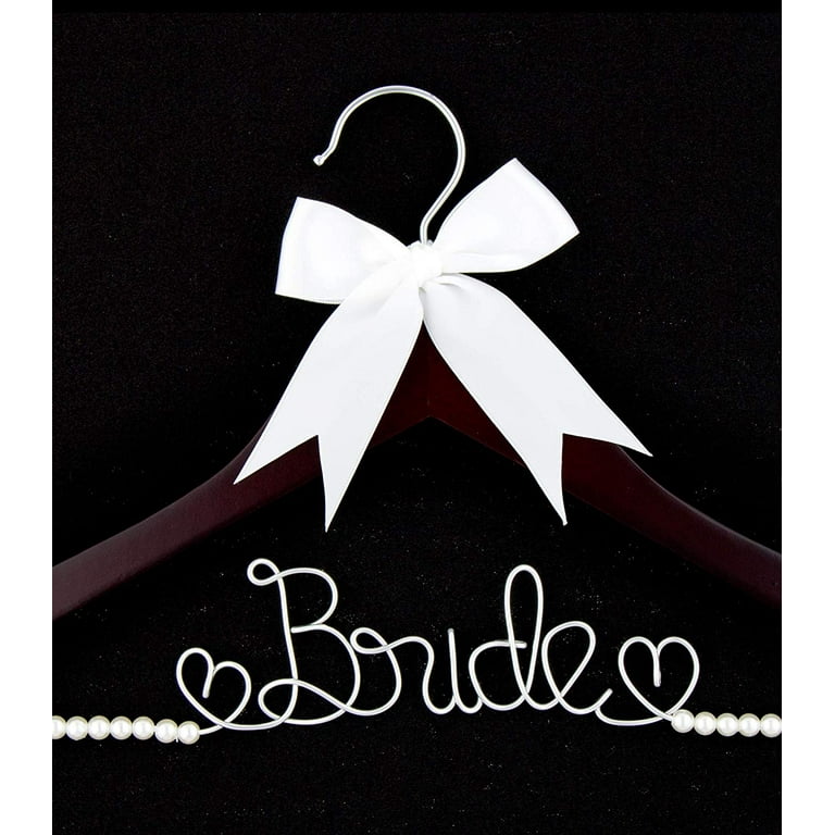 Ella Celebration Bride to Be Wedding Dress Hanger Wooden and Wire Accented with Pearls and A Bow Bridal Hangers for Brides Mahogany with Silver Wire