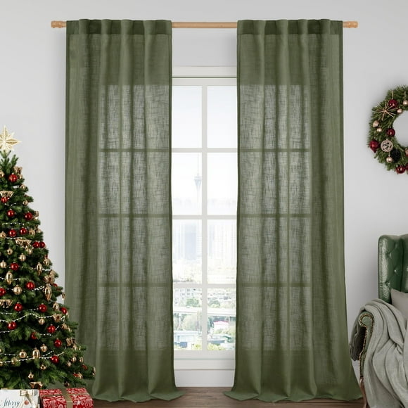 Cortinas LAMIT de lino verde oliva, 213 cm de longitud, 2 paneles