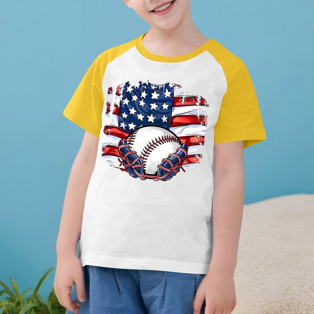 MKOSPLRT T-Shirt de Baseball Drapeau Américain Enfants 3-14 Ans Manches Courtes Raglan T-Shirts Col Rond T-Shirts Drapeau Américain Économies d'Été Liquidation