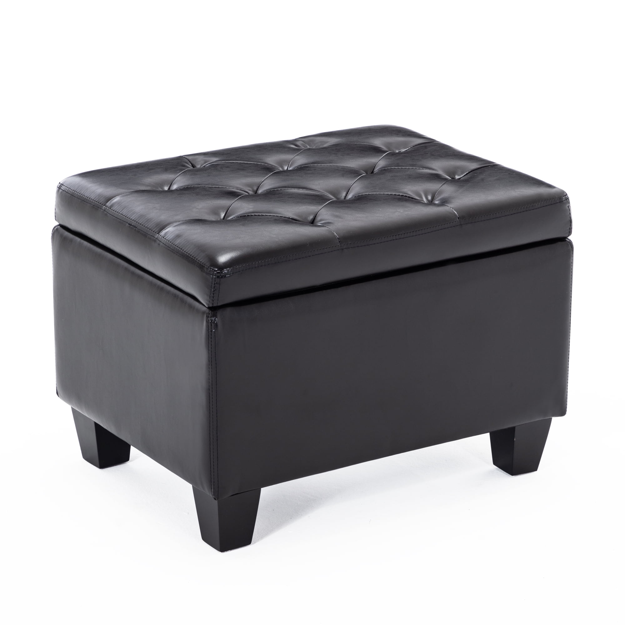 BELLEZE Upholstered Tufted Faux Leather Rectangle Storage Ottoman Foot Rest Stool, Black