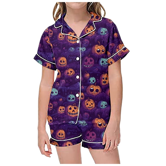 Kcodviy Ensembles 2 Pcs Pyjamas Adolescent Pyjamas pour Enfants Enfants Graphique Pyjamas de Pâques Filles Imprimé Manches Courtes à Boutons Pyjamas d'Été pour Bébé Fille Chandail Shorts Ensemble de Pyjama