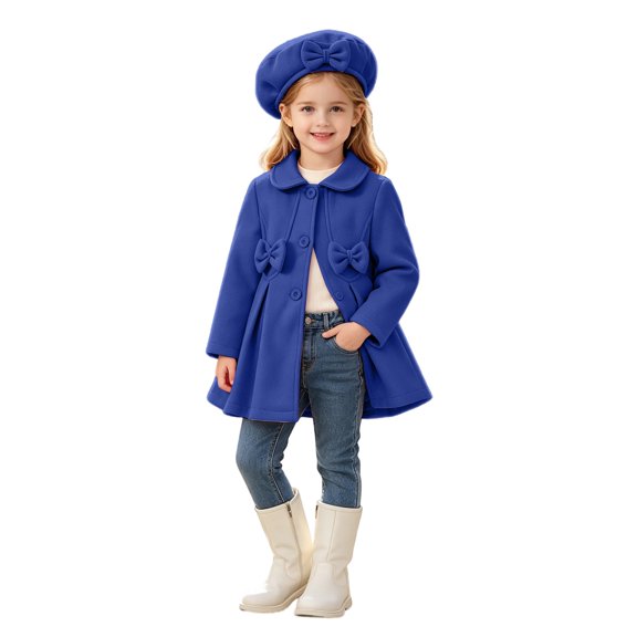NOKIO Girls 2 Piece Winter Coat Set, Stand Collar Double Breasted A-Line Coat with Beret Hat, Fuzzy Cuff Outerwear for Girls, Holiday Party Outwear