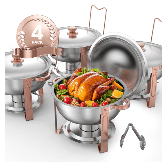 Chafing Dish Set 5 Qt, 4 Pack Rose Gold - Round Buffet Server Stainless Steel, Full Size Food Warmer for Catering, Parties, Weddings, Hot/Cold Food Display