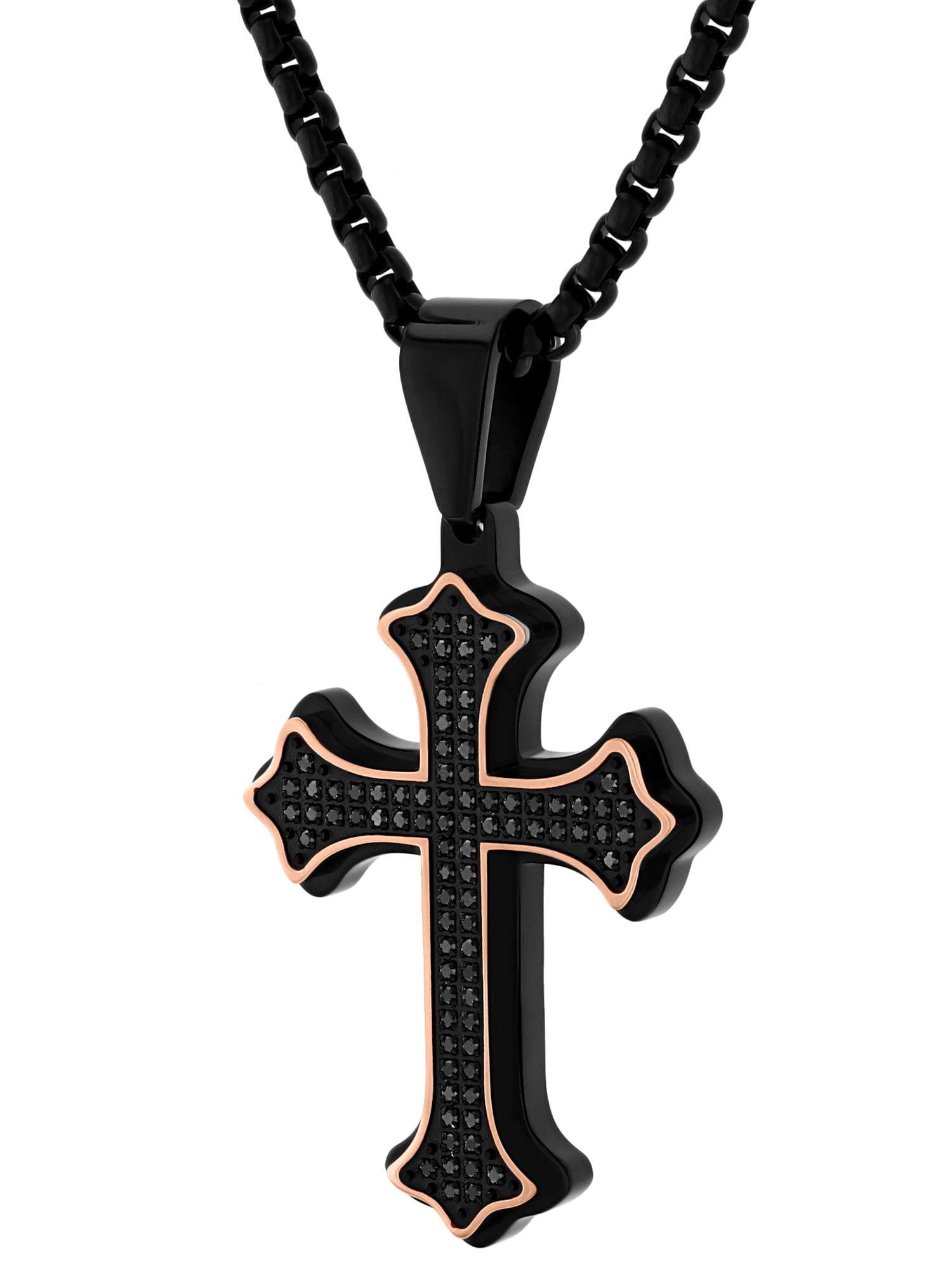 DonDon Mens Two-Tone Cross Pendant Stainless Steel for a Necklace in Black Velvet Pouch 